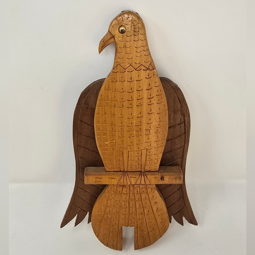 Vtg hand carved wood bird‎ wall decor w/moving wings folk art door knocker retro
